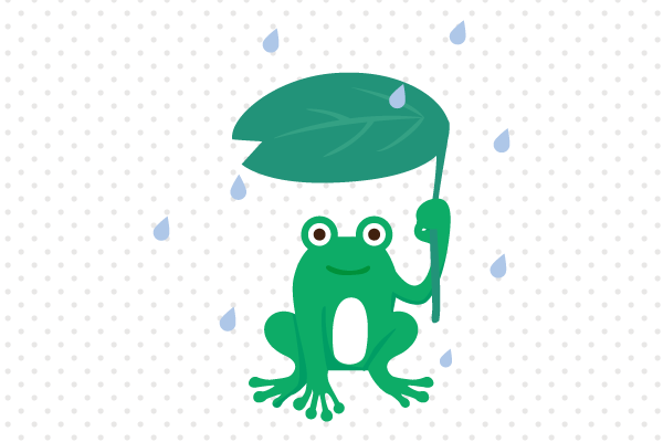 葉っぱの傘で雨宿りするカエル素材